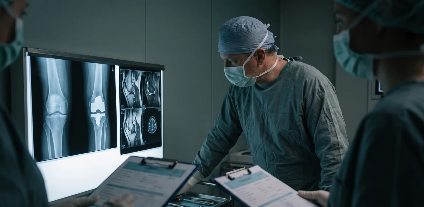 Illustrative orthopaedic surgeon reviewing knee scans